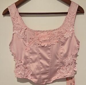 NWT Pink Lace Corset Style Crop Top Floral Applique Bustier Size Small